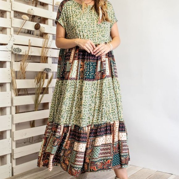 easel Dresses Easel Sage Mixed Print Short Sleeve Maxi Dress Poshmark